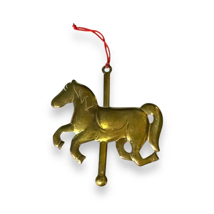 Vintage Department 56 Christmas Pressed Brass Ornament Carousel Horse 4.5” Tall