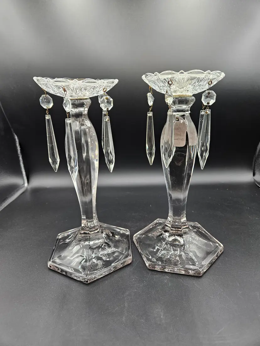 Vintage Glass Candle Holder with Bobeche Set of 2