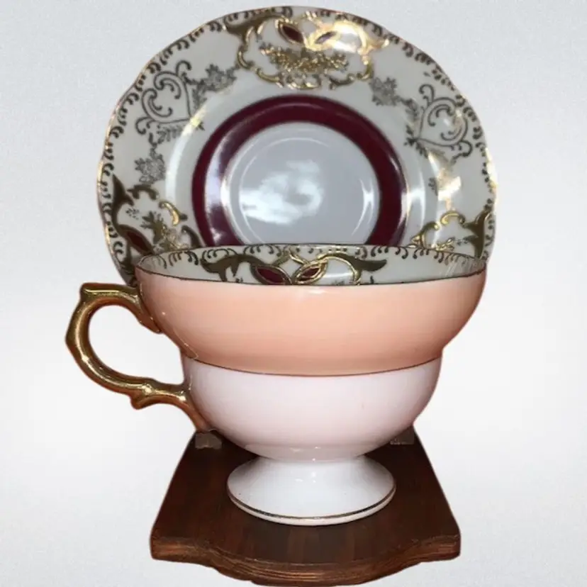 Royal Sealy Maroon, Gold, White & Pink Swirl Floral Cup & Saucer Vintage