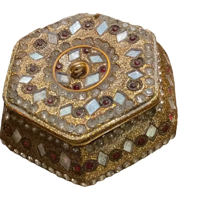 Embellished Jeweled Gold Lacquered Trinket Box with Rhinestones And Red Stones Octagon Shape