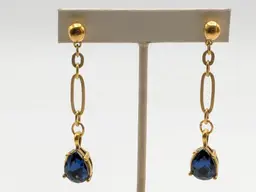 Gold Tone Blue Faceted Glass Teardrop Dangle Earrings