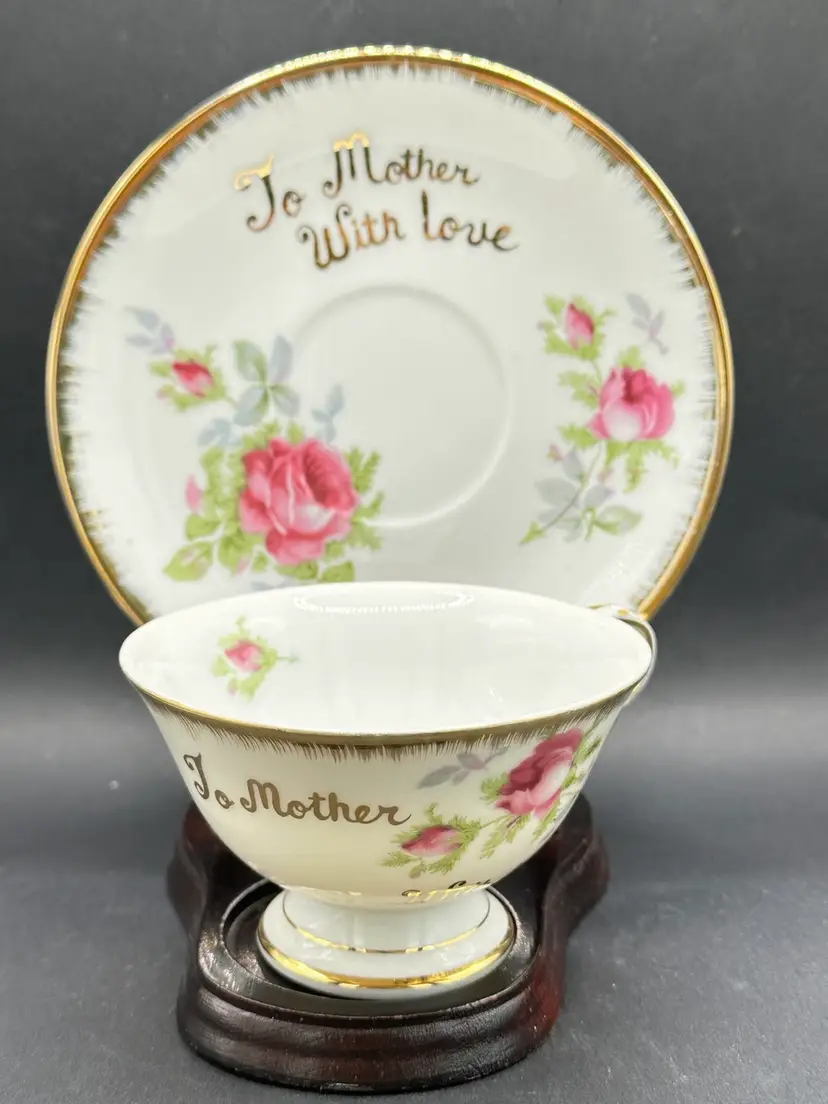 Norcrest Fine China Mother Teacup & Saucer W Roses & Gold Gilt Trim “To Mother With Love” No Chips, Cracks. Excellent Condition. No Sign Of Wear.