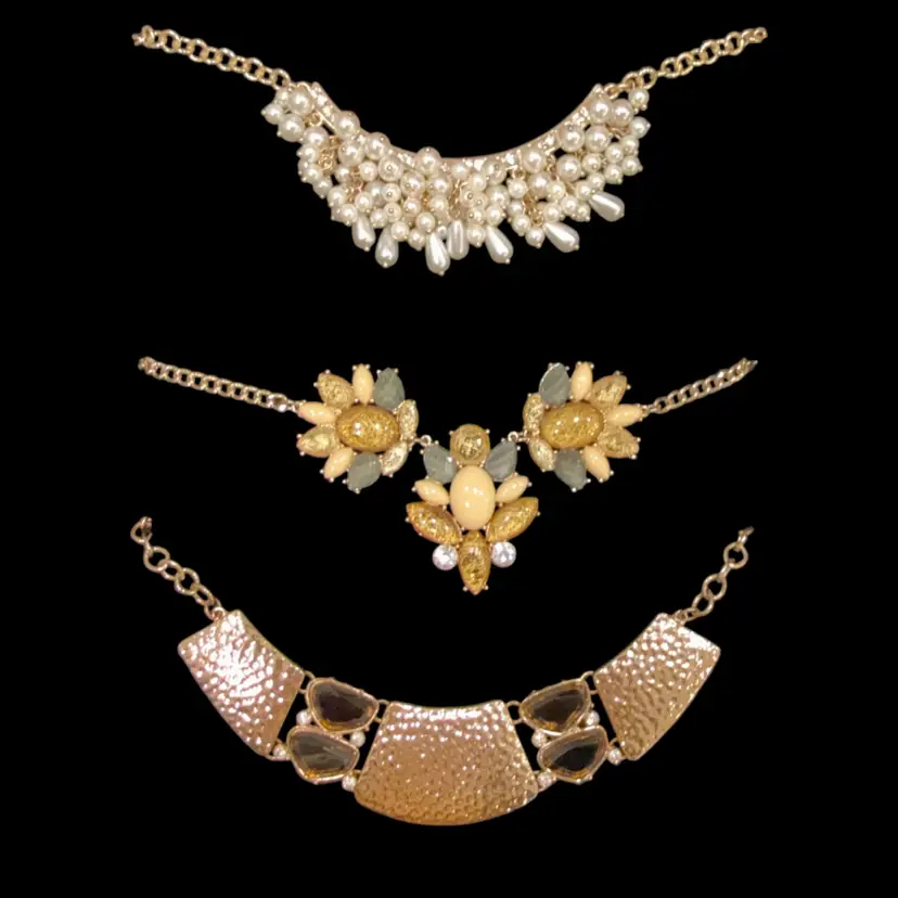 Lot (3) Chunky GoldTone Bib Necklaces Pearl Dangle, Hammered Disc, Floral Rhinestone