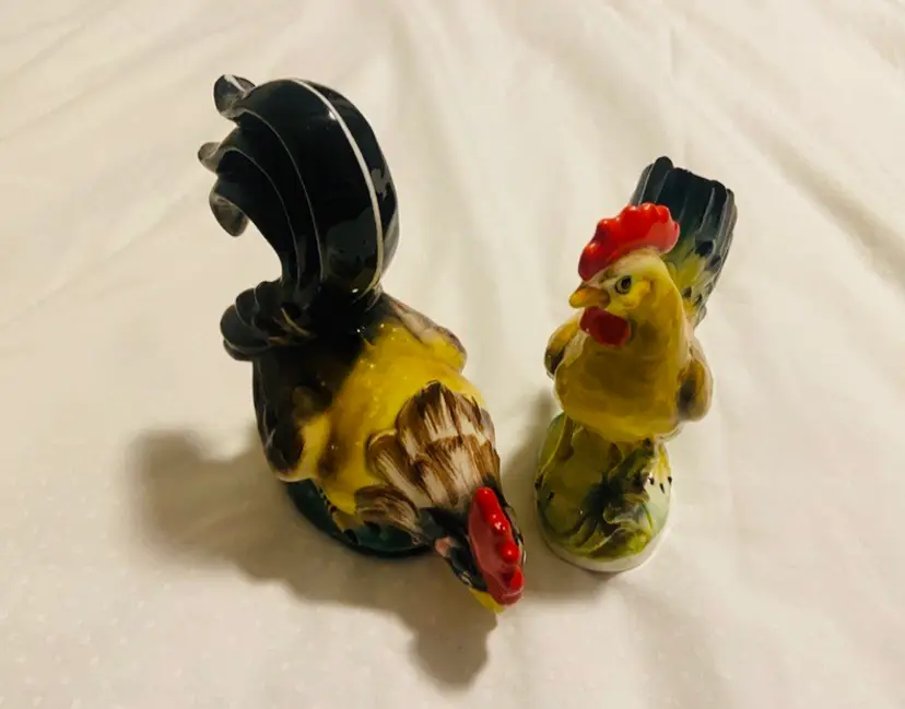 Vintage Glossy Ceramic Rooster and Hen Chicken Figurines Farmhouse Country Rustic CottageCore Retro