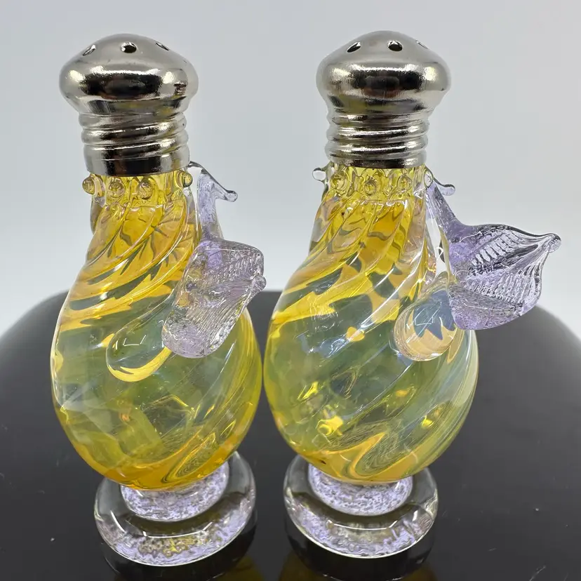 Hand Blown Opalescent Glass Salt & Pepper Shakers With Applied Design
