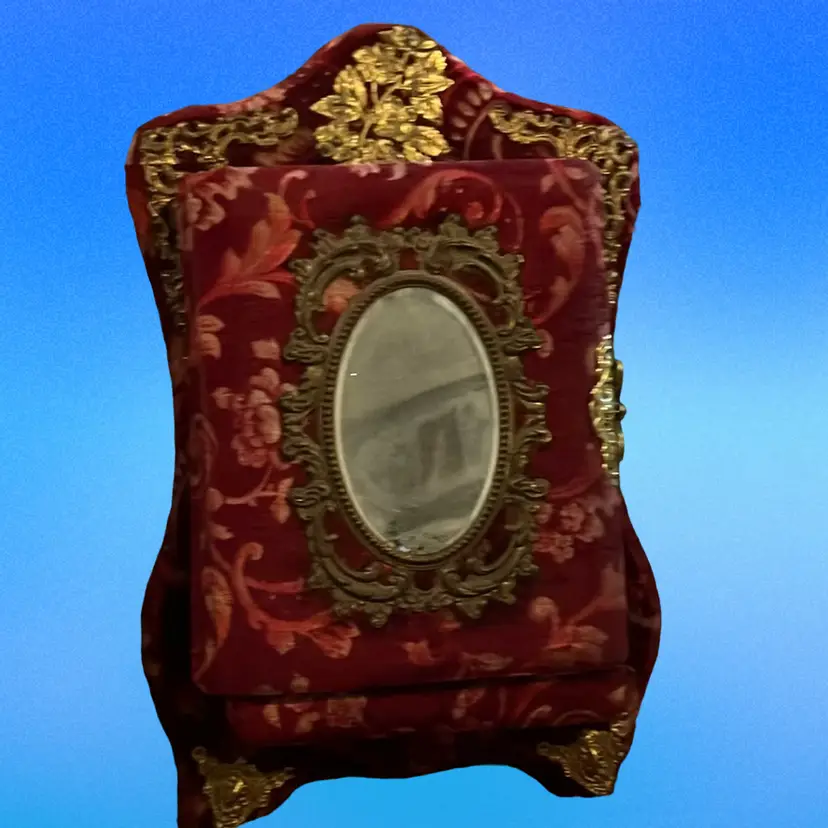 ANTIQUE VICTORIAN VELVET WOOD BRASS APPLIQUÉ PHOTO ALBUM STAND MIRROR