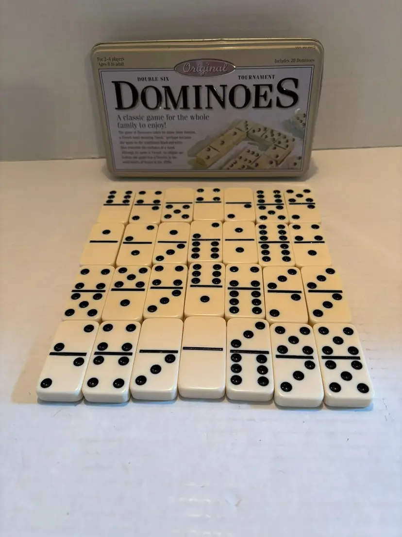 Vintage Set of Double Six Tournament Dominoes 28 Pieces in Original Tin Box