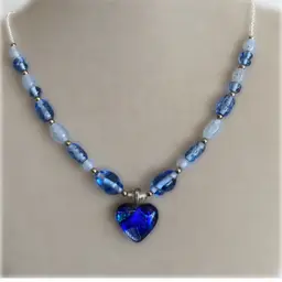 Vintage Blue Art Glass Beaded Necklace with a Dichroic Glass Heart Pendant