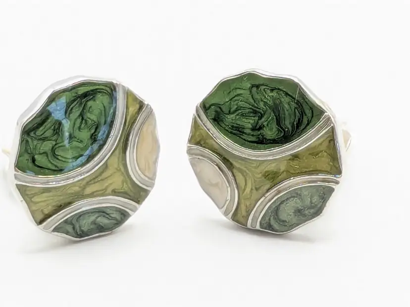Vintage Shades of Green  Marbled Look Clip-On Earrings Silver Tone