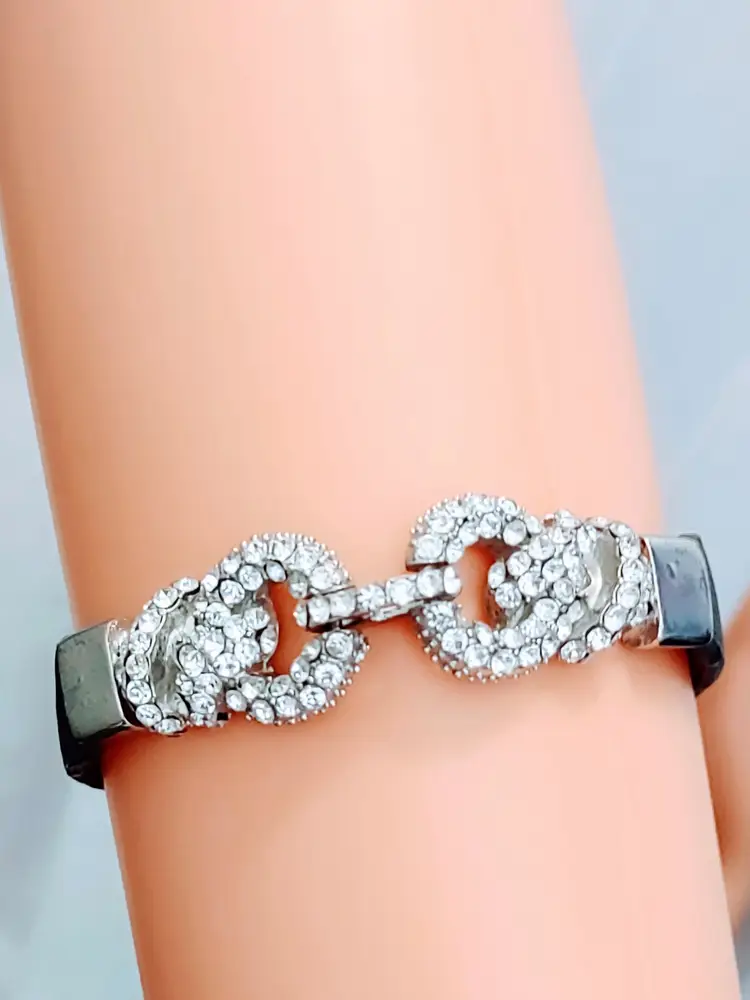 DARK GRAY LEATHER BAND RHINESTONE MAGNETIC CLOSURE BRACELET