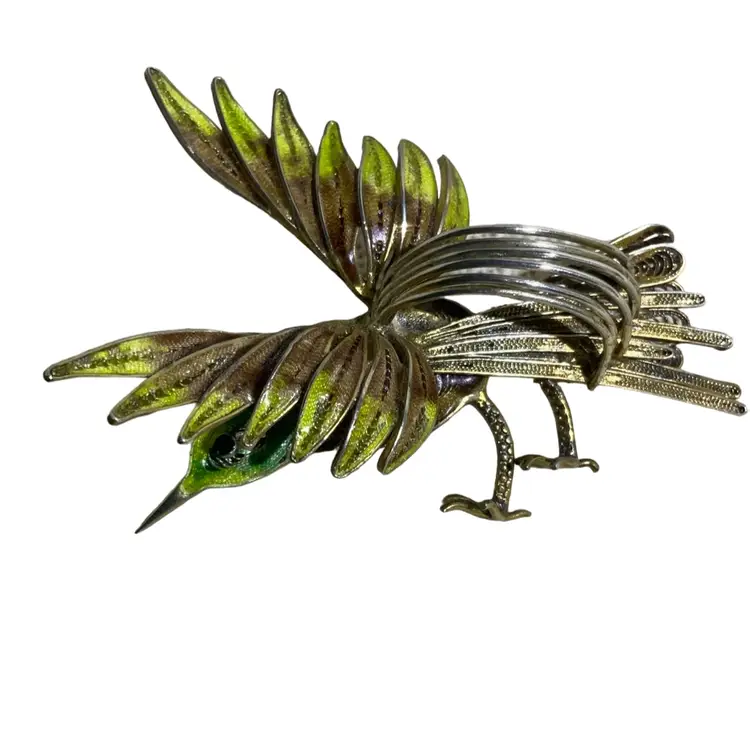 3 D Bird Brooch, 800 Silver, Vintage Filigree Sculpted Bird, Vibrant Green 