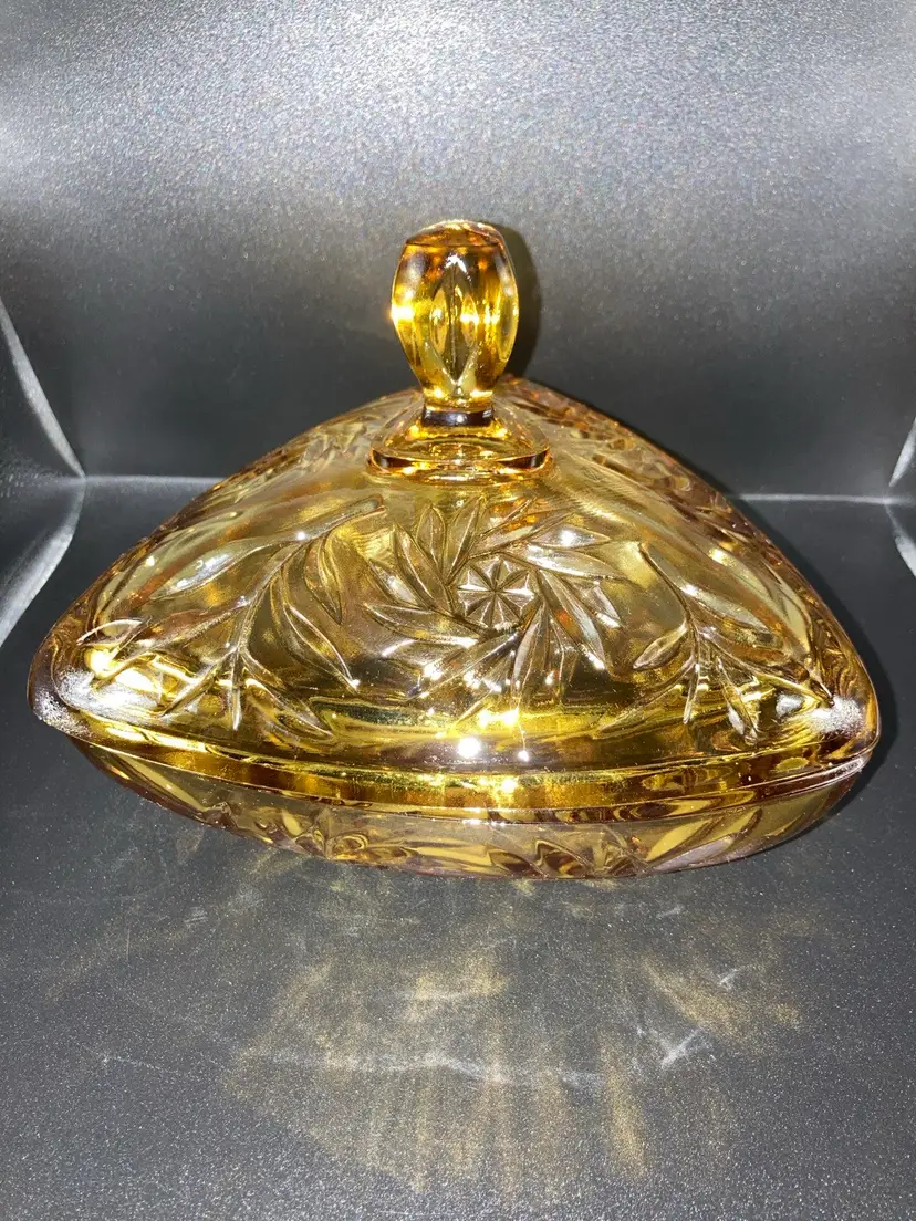 Vintage Hazel Atlas Amber Candy Box With Lid.  5 1/2” Tall 7” Diameter. No Condition Issues!