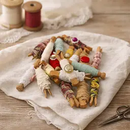 Upcycled Vintage Mini Wooden Clothspins Wrapped in Vintage Fabric With Buttons - Set of 21