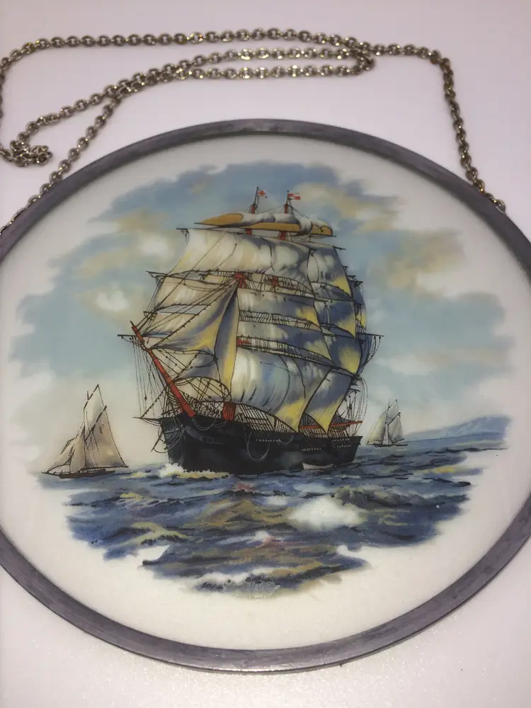 Vintage Pirate Ships Painted on Glass Suncatcher 6 1/4" diameter 16 1/2" hanging.