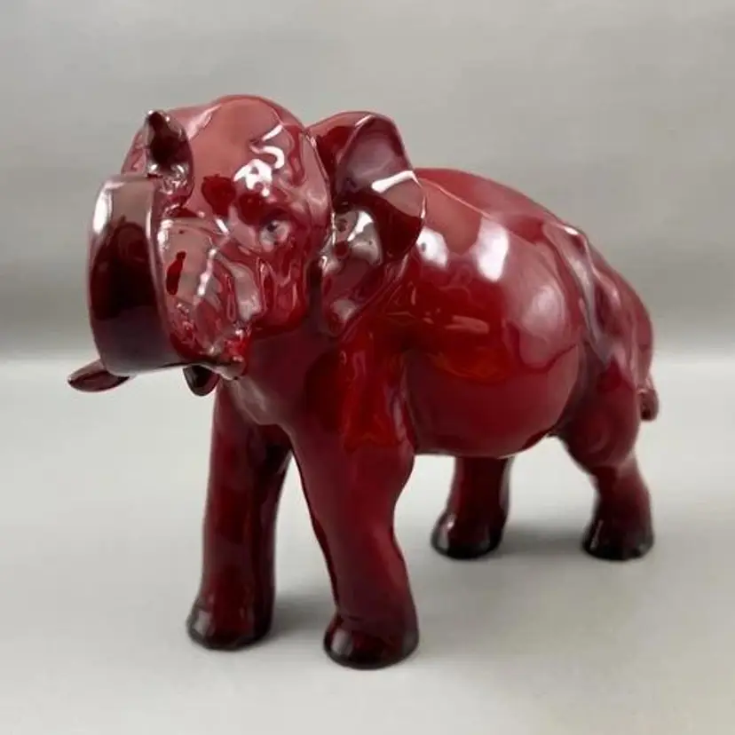 Royal Doulton Flambe Elephant 7"X8.5"  Figurine Trunk Up In Salute England Red Charles Noke