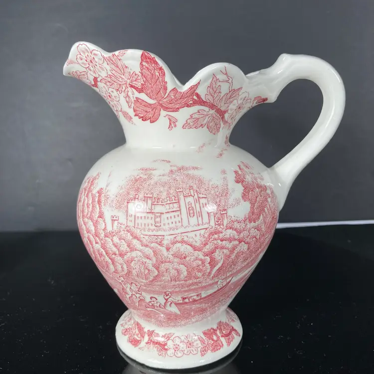 Antique Transferware Pitcher, Romantic Pattern. Cranberry, 6 inches tall.