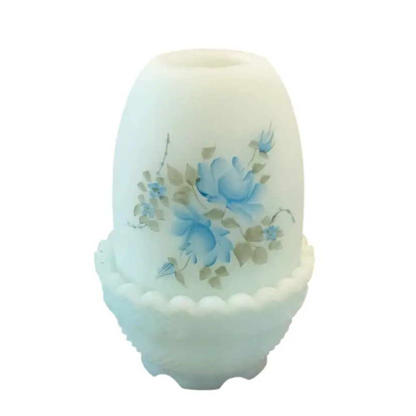 2-piece Fenton Blue Roses On Blue Satin Glass HP By MD Kernan (1975-78) 4 1/2” X 3”