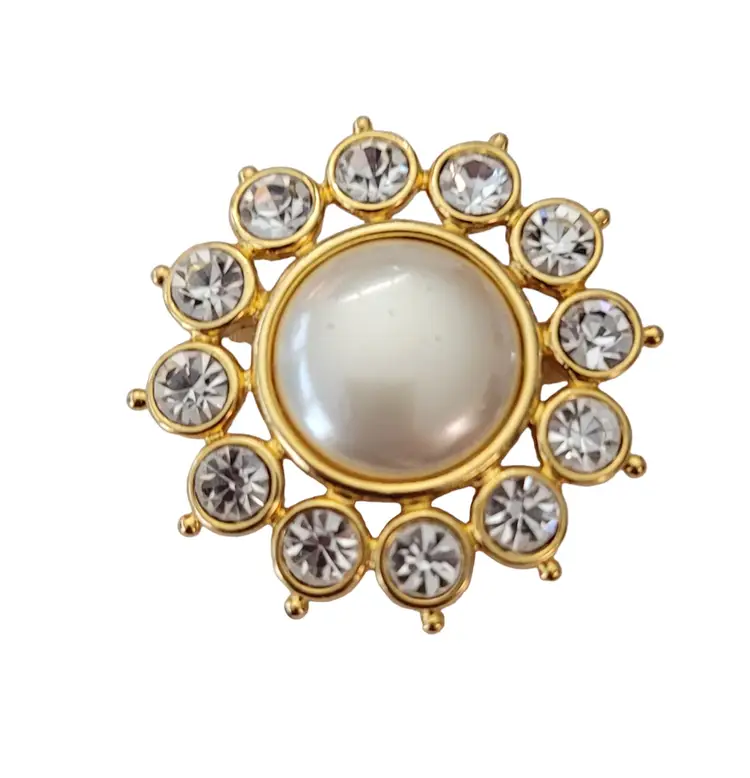 Liz Claiborne Clear Rhinestone Faux Pearl Round Brooch Pin, Signed E650