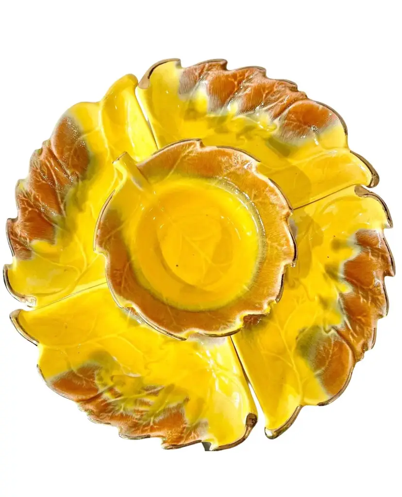 California USA Pottery Chip & Dip Set Yellow Vintage 5 Piece Set Divided Dishes