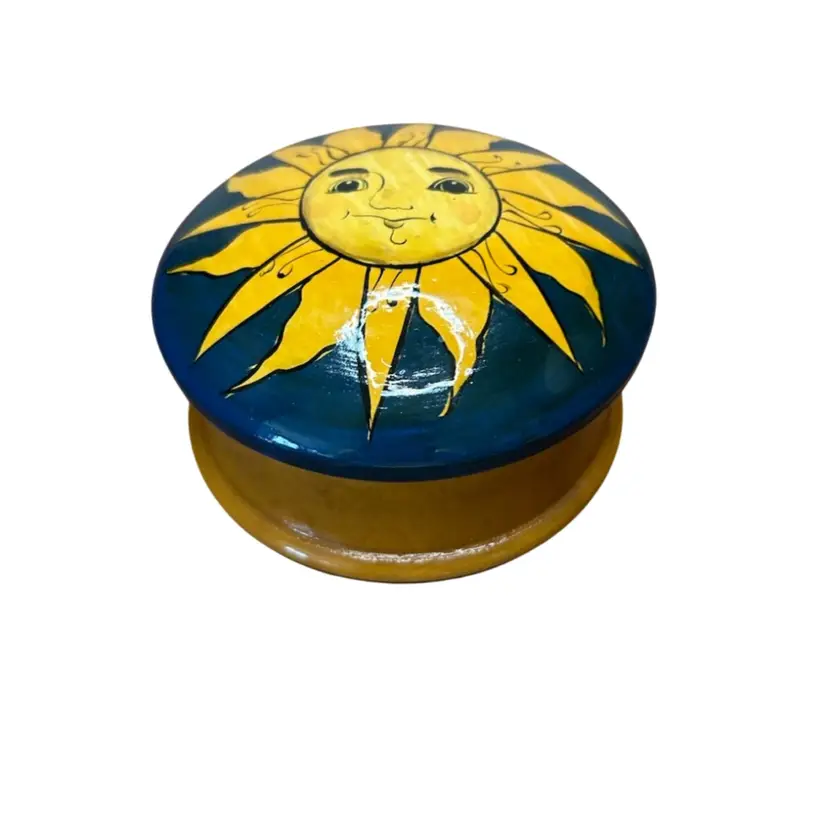 Round Wooden Painted Sun Laquered On Top 3 1/2” Diameter 2” Tall