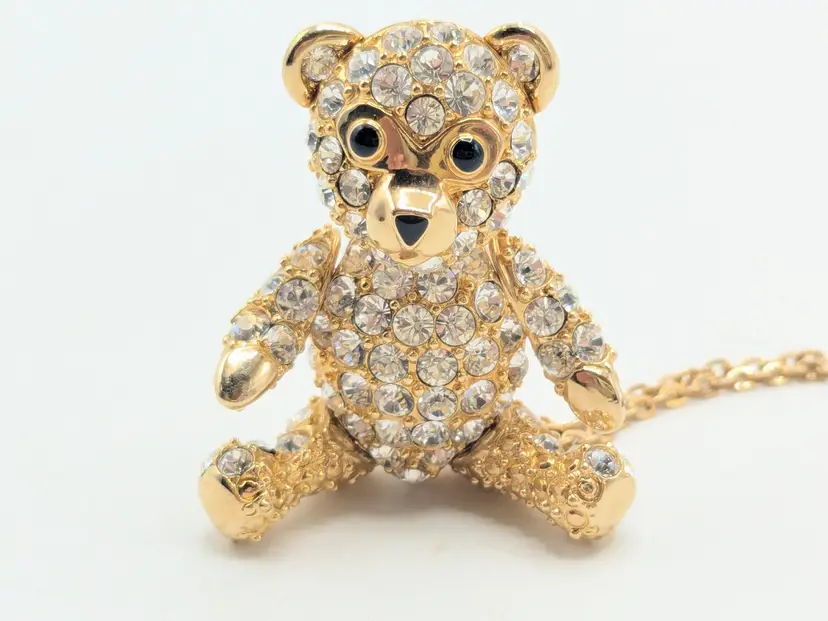 Vintage Bob Mackie Teddy Bear Pendant Brooch Articulated Crystals Gold Tone
