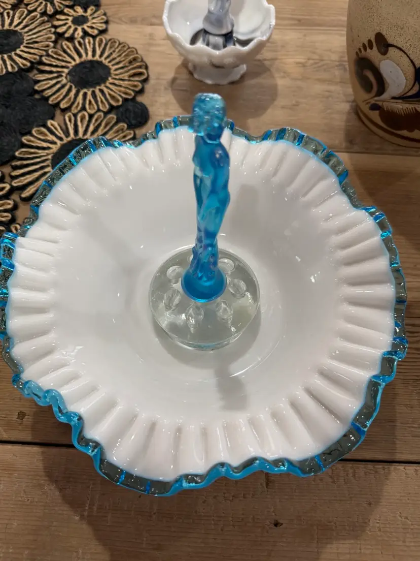 001.  Magnificent Fenton Aqua Crest Milk Glass Crimped Ruffled Edge Bon Bon Dish, candy Bowl; Aqua Glass Nymph Centerpiece