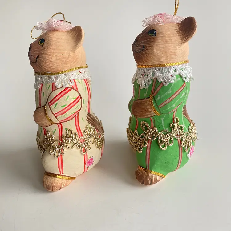 2 Paper Mache Cat Ornaments - Vintage Hand Painted Victorian Dress