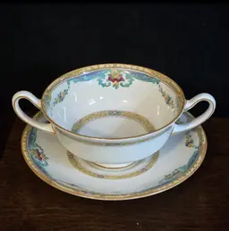 OLD VINTAGE ROYAL DOULTON THE ROXBURY DOUBLE HANDLE CREAM COLORED SOUP BOWL WITH SAUCER