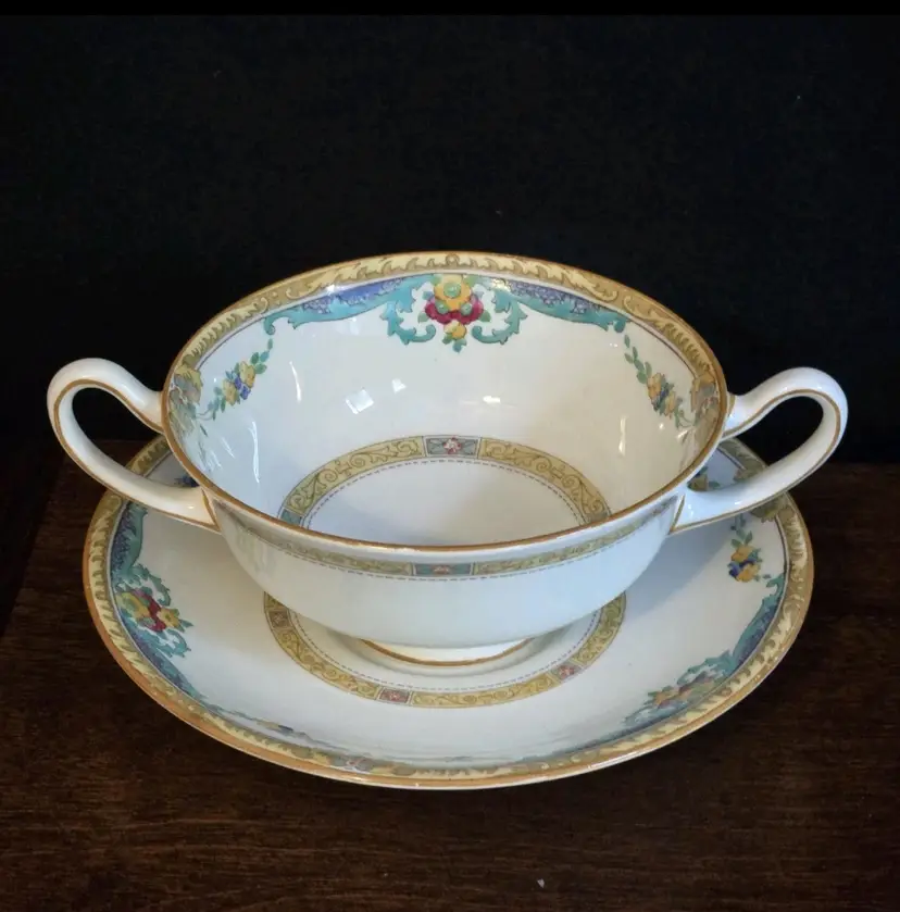 OLD VINTAGE ROYAL DOULTON THE ROXBURY DOUBLE HANDLE CREAM COLORED SOUP BOWL WITH SAUCER