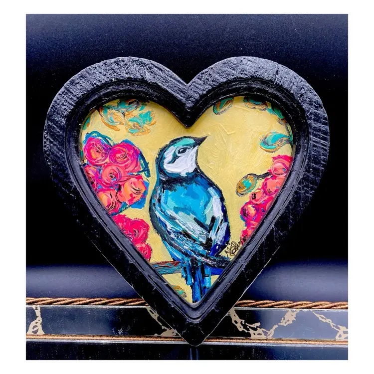 Stay Awhile 
New, Original Bird Painting 
On Watercolor Paper 
In 7.5”x8” Heart Frame
With Glass