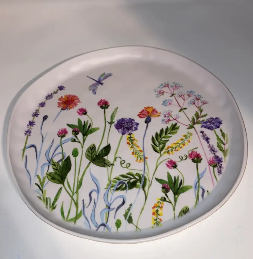 Rachel Ashwell Farmhouse Spring Floral Dragonfly Pattern Plate! 100% Melamine! 10 1/2” Diameter! Beautiful Display Piece!