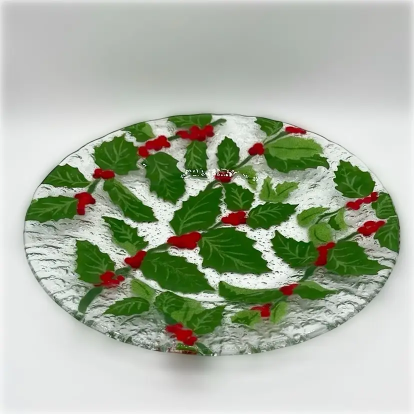 Fused Glass Christmas Holly Plate Signed AC Ross | 10”
