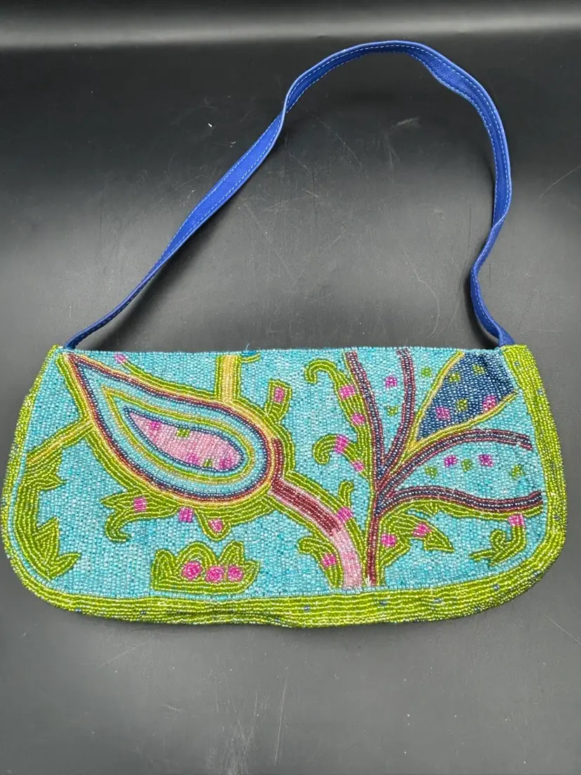 Colorful FSP Seed Bead, Shoulder Bag, Blue, And Green Floral Design
