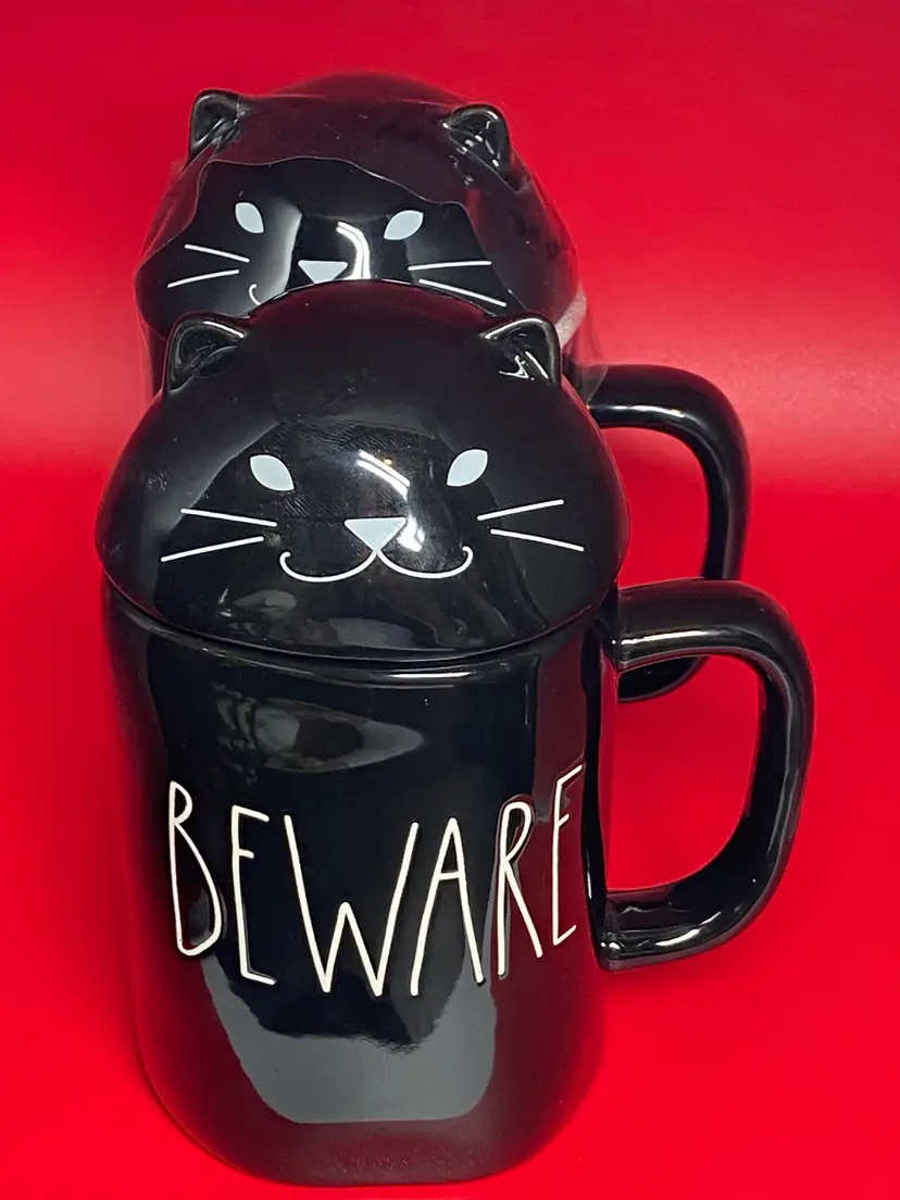 2 Rae Dunn "Beware" Mugs w/ a Black Cat Lid, 6.5" Tall