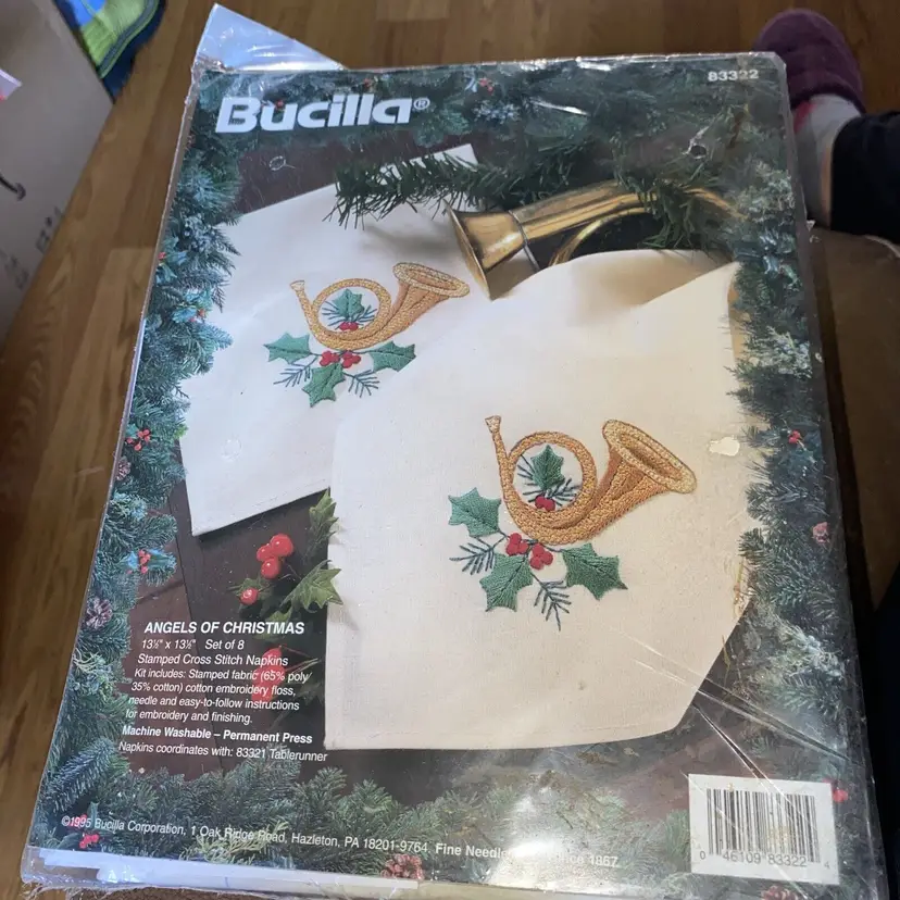 Bucilla Set 8 Cloth Napkins Angels of Christmas French Horn Cross Stitch Sealed