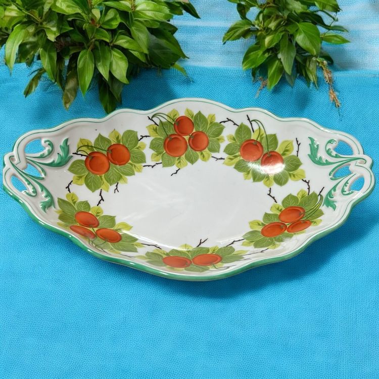 011 Unmarked, Scalloped Double Reticulated Handle Oval Cherries 12.75 X 8.5" Bowl