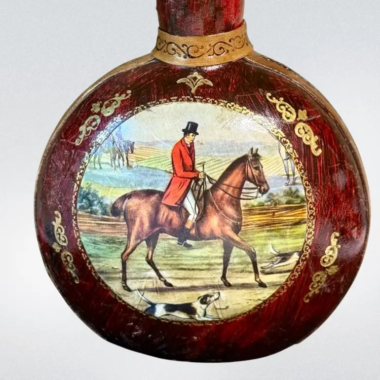 Vintage Decanter Leather Wrapped Green Glass Bottle Equestrian Fox Hunt Design Bar Decor 11-3/4” H x  6” W