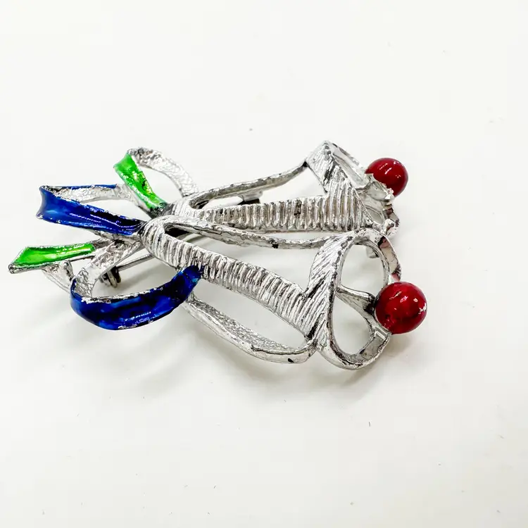 Gerry's Christmas Bells Brooch Pin Silver Tone Enamel Holiday Signed 2" Vintage B25