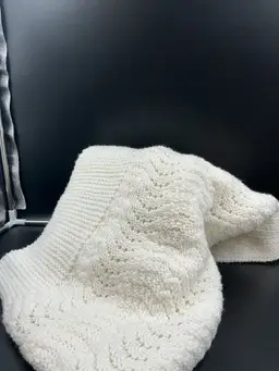 White baby afghan or shawl, interesting and unique pattern, 36x42, knitted