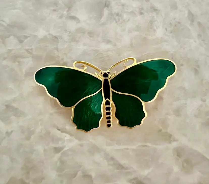 Vintage Green Enameled Butterfly Matte Goldtone Signed Sporrong & Co. Stockholm,