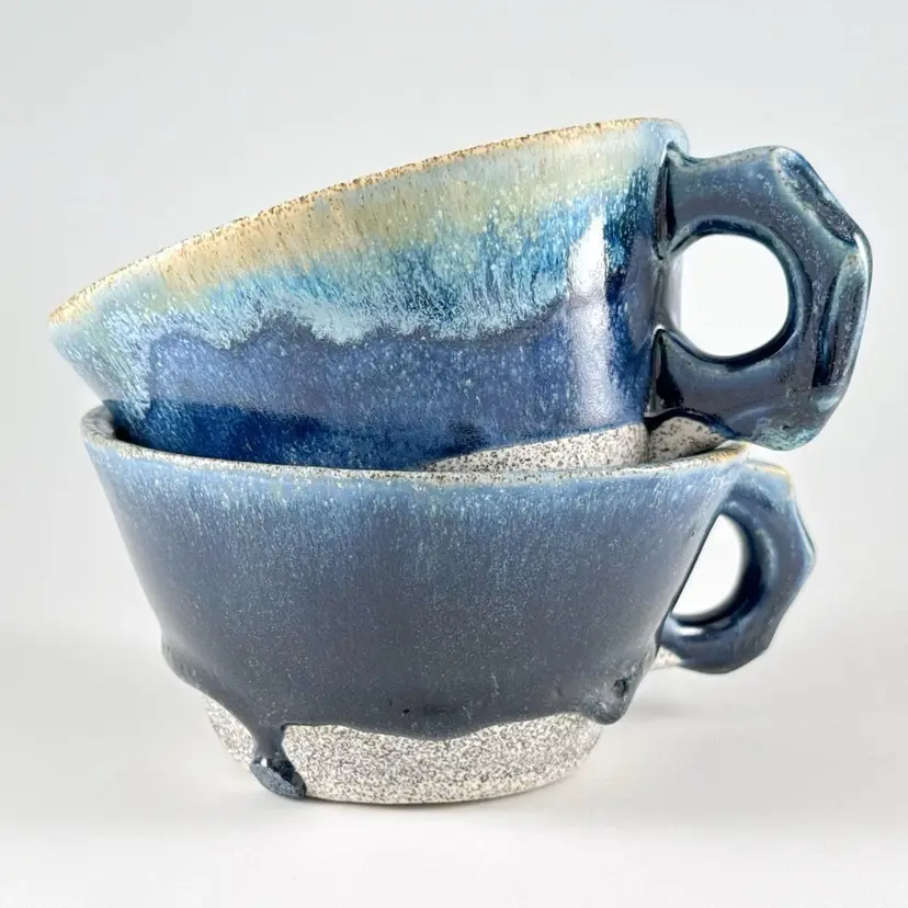 2 SCW Handmade Studio Art Pottery Mugs, Speckled Blue Drip Glaze, Ceramic Coffee Cups