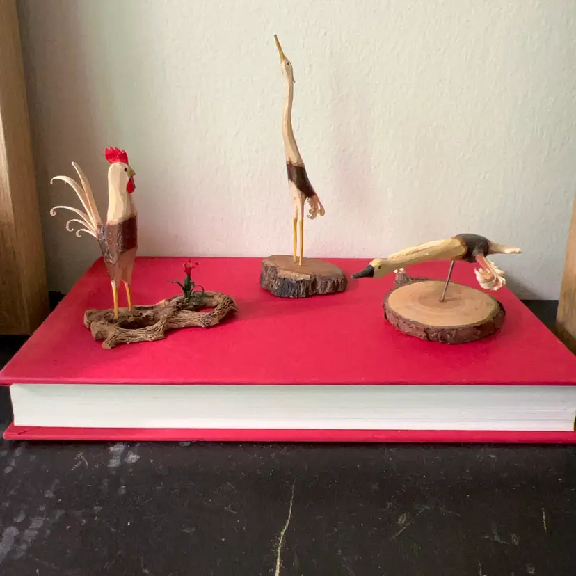 Trio Vintage Folk Art Hand Carved Folk Art/Whittled Rooster Crane Duck Signed