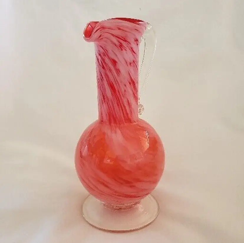 Art Glass Ewer Pitcher Vase Cranberry Colored Glass with White Accent 6½" Vintage