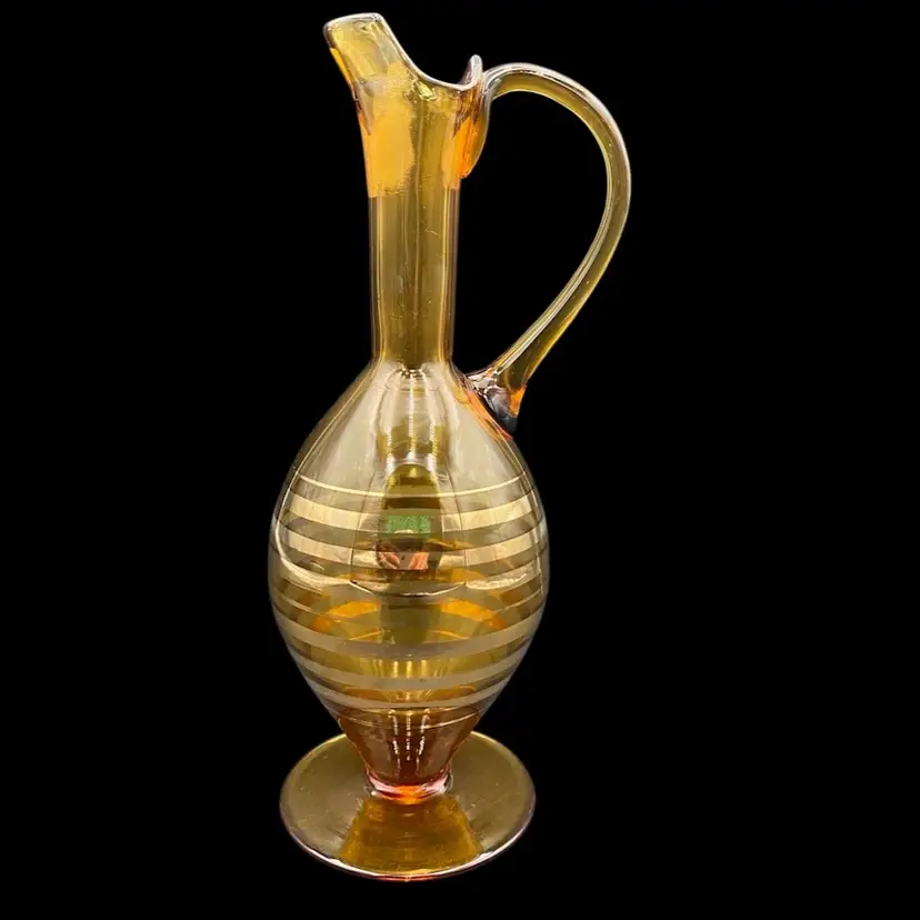 Vintage MCM Amber Glass Romanian Decanter/Genie Bottle, Gold Stripes, No Stopper