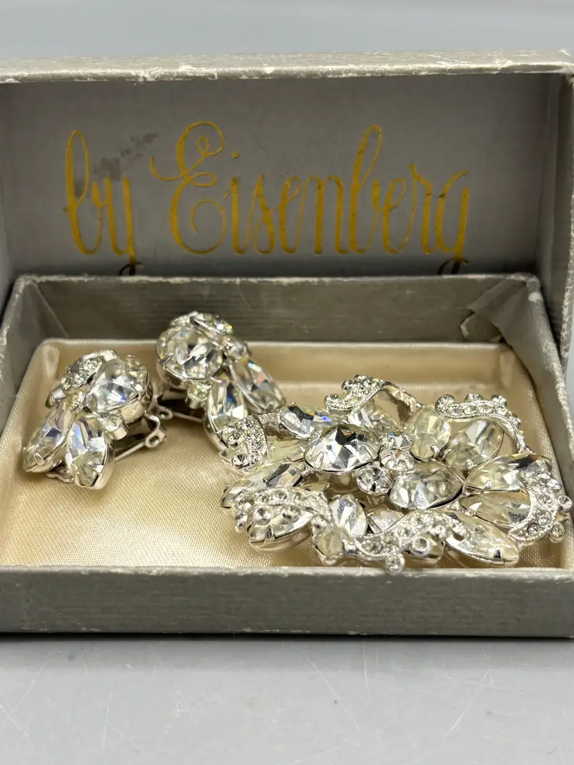 Eisenberg silver tone rhinestone brooch & clip on earrings