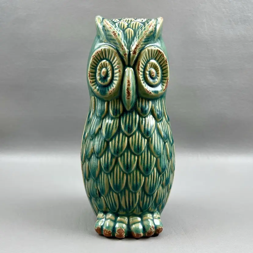 Ceramic Owl Figurine Statue Teal Green Distressed Rustic Farm Decor 7.75"