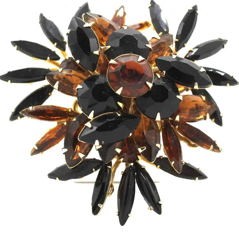 Vintage Judy Lee Brooch Amber Black Marquis Faux Gemstone  Starburst Design