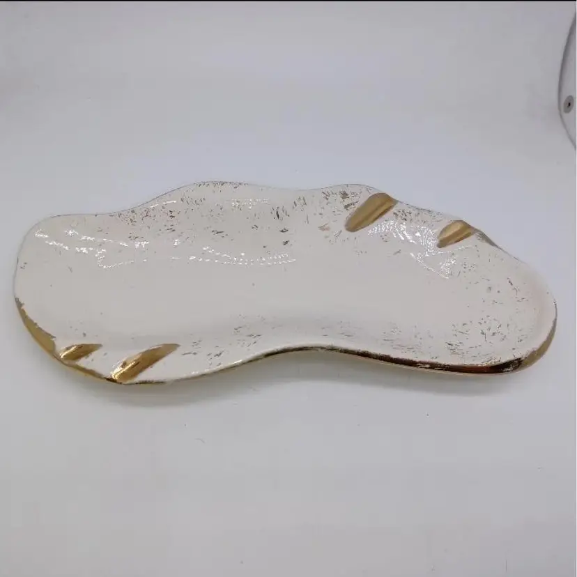 Vintage Plymouth Products Philadelphia PA Ceramic Ashtray White with Gold Specks