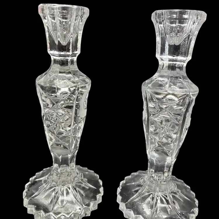 L. Silver Lead Crystal Hexagon Cut Glass Candlestick Holders Frosted Rose Pair 8” Tall *read*