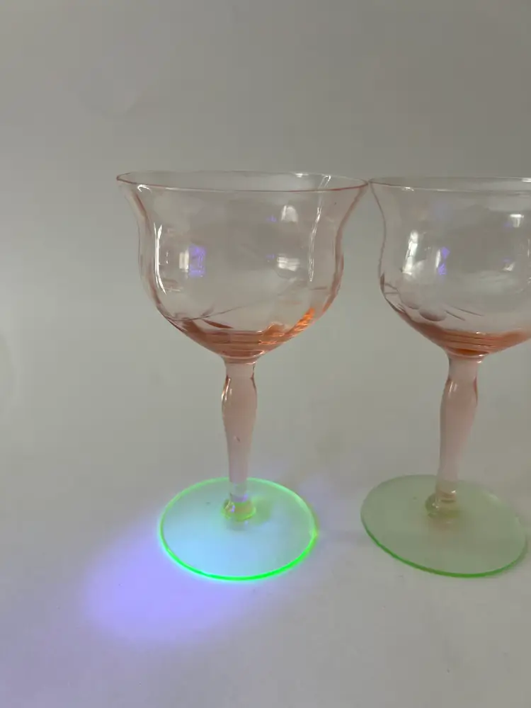 Tiffin Watermelon Glassware. (3) Etched Depression Uranium Glass Pink & Green Sherbet Cocktail Glasses. Glows